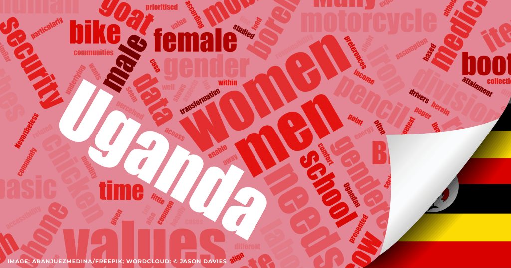 Base image is the flag of Uganda, image on top as if it is being peeled off shows key words such as 'Uganda', 'Women', 'Men', 'Security'. 