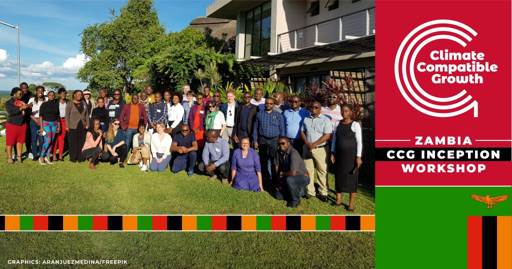 Image titled "Zambia CCG Inception workshop", with the CCG logo and Zambian flag. Image of a group of people outside in front of a building and trees. 