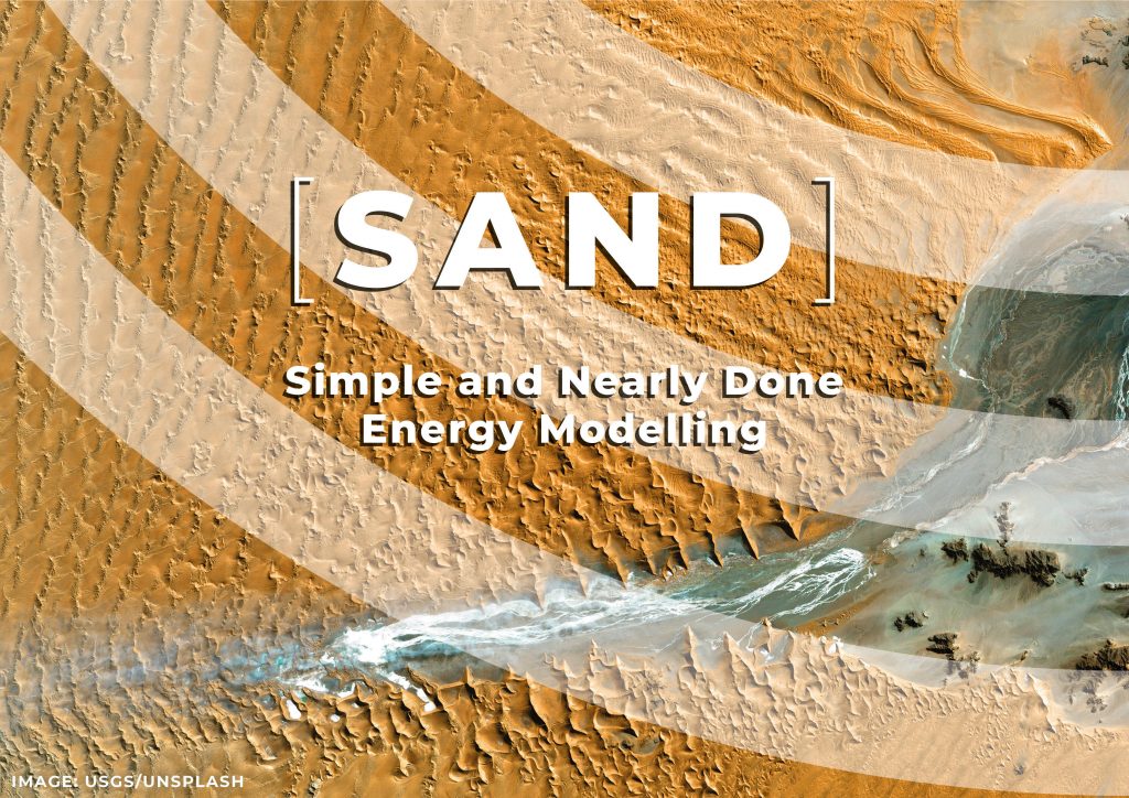 Image of a sand and a river. Text of [SAND] in the middle, with a subheading of "Simple and Nearly Done Energy modelling". 