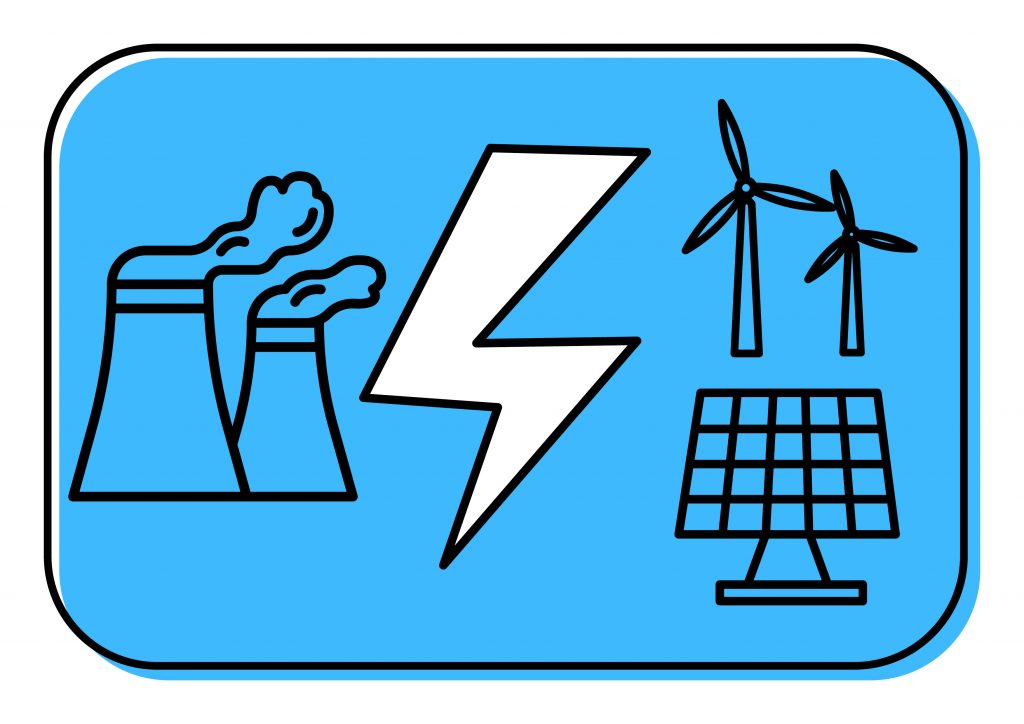Icons of a power plant on the left, an electricity bolt in the middle, and wind turbines and solar panels on the right. Blue background. 