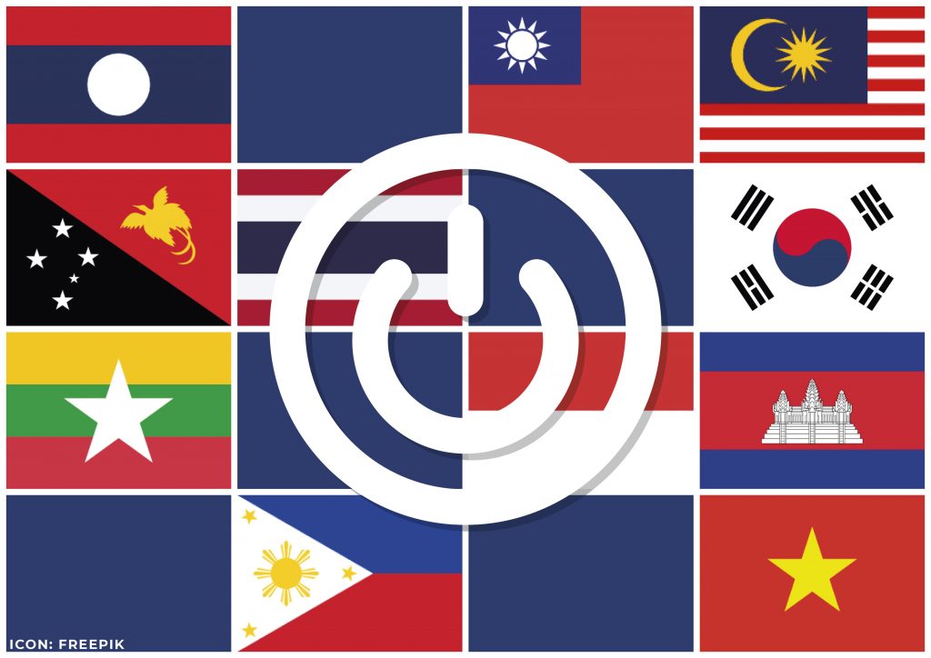 Icon of a start button in the middle. Background shows many flags from South-East/East Asian countries.