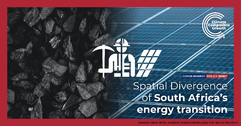 Title of "Spatial divergence of south Africa's energy transition". Image of coal on the left and solar panels on the right. Icon shows a builder with a pickaxe in their left hand and a solar panel on their right. 
