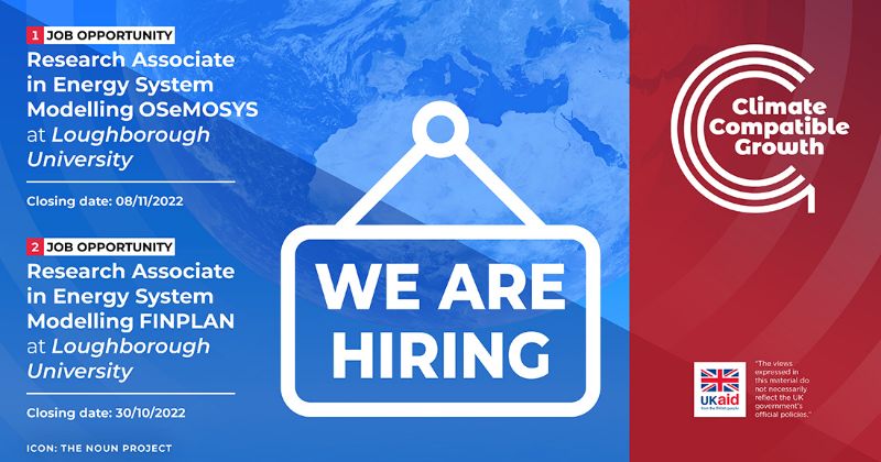 A card for the two advertised roles. The image has the usual CCG background (half the globe in blue colour scale) with a "we are hiring" placard overlaid. A red sidebar on the right contains logos for the STEER Centre, CCG, and UK Aid. The left has the two job titles.