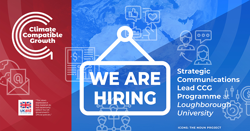 A card for the job "Strategic Communications Lead for CCG". The image has a usual CCG background (half the globe in blue colour scale) with a "we are hiring" placard overlaid and some faded comms icons. A red sidebar contains logos for CCG and UK Aid.