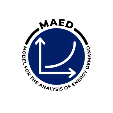 The logo for MAED which is a navy circle containing a stylised graph with an upwards curve