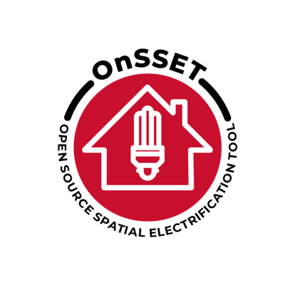 The logo for OnSSET which is a red circle with the white outline of a house containing a lightbulb.