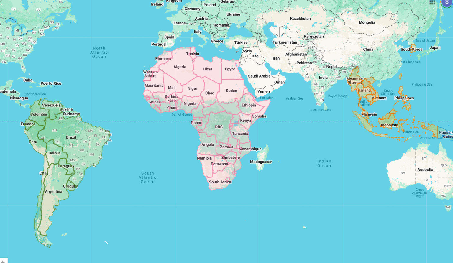 A 2d map of the world with the countries that have starter data kits highlighted