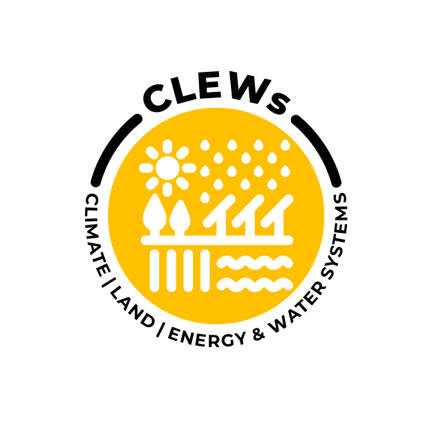 Logo for CLEWs: a yellow circle with the different aspects of CLEWs (climate, land, energy and water) depicted with icons