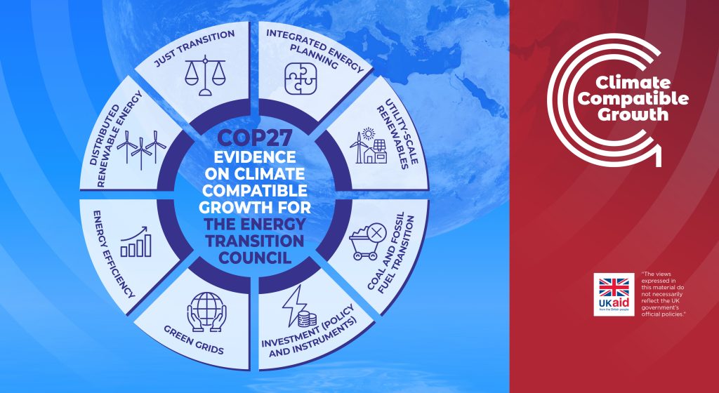 A card for the COP27/ETC evidence on Climate Compatible Growth. The graphic includes a wheel that contains the 8 priority topics