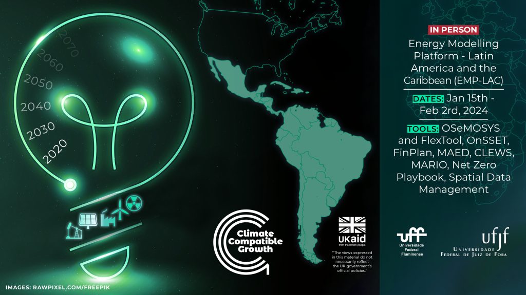 An image card for the EMP-LAC 2024 event. On the right. it includes the basic information, such as the dates (15th Jan to 2nd Feb) and the tools. On the left, there is an outline of the map of Latin America and the Caribbean as well as an image of a lightbulb with renewable energy icons.