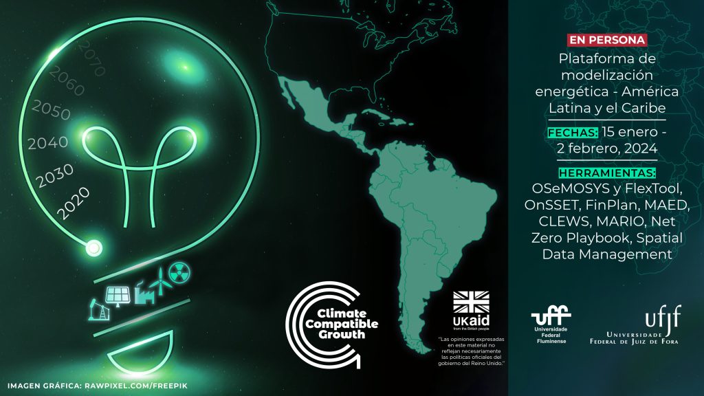 Una tarjeta de imagen del evento EMP-LAC 2024. A la derecha. incluye la información básica, como las fechas (del 15 de enero al 2 de febrero) y las herramientas. A la izquierda, un esquema del mapa de América Latina y el Caribe y una imagen de una bombilla con iconos de energías renovables.