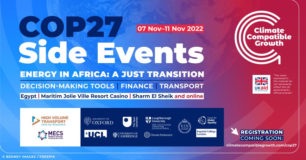 A card which contains the details of the COP27 Side Events, with CCG, UK Aid, and partner logos. The background starts blue on the left and blends to red on the right.