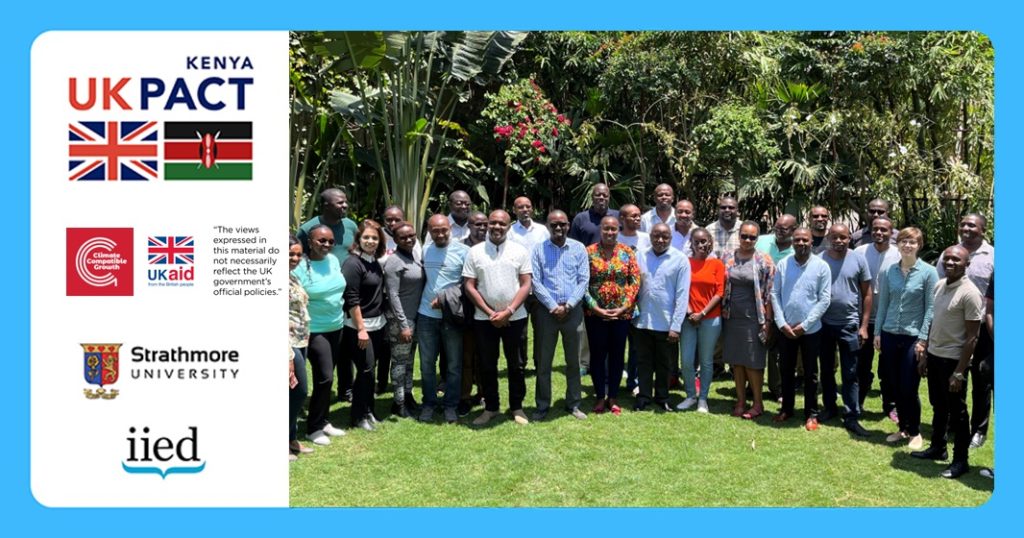 A photo of participants of workshop in Nakuru, Kenya. On the left of the photos are logos of organisations involved, including UKPact, CCG, UK aid, Strathmore University and the International Institute for Environment and Development