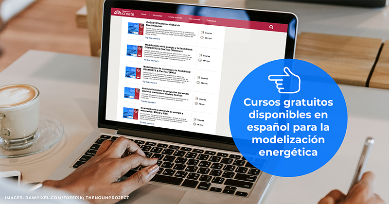 Image titled "Curos graduitos disponibles en español para la modelización energética". Background image of a laptop at a desk. 