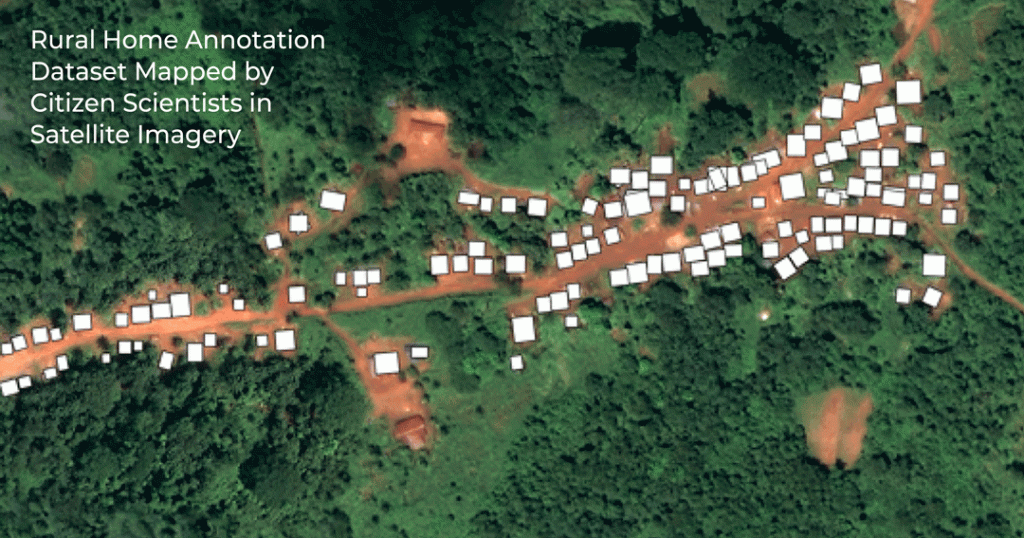 This image is titled "Rural home annotation dataset mapped by citizen scientists in satellite imagery". Image shows a green area with trees and grass, alongside a dirt pathways with white squares. 