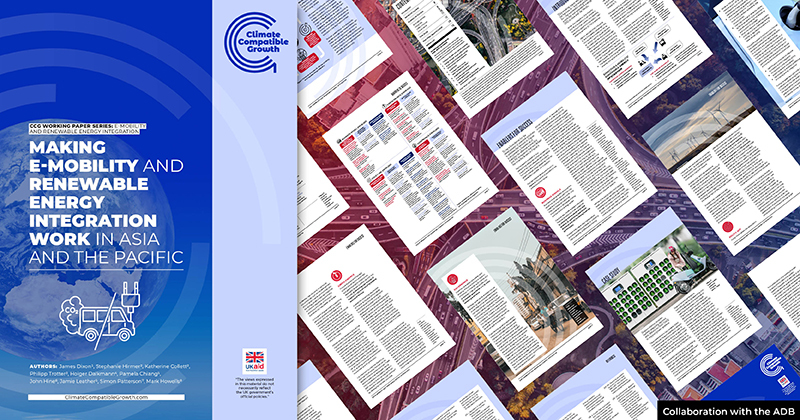 An artistic image with the papers of the report on the right and the working paper title on the left. The title is Making E-Mobility and Renewable Integration Work in Asia and the Pacific and it is part of the CCG Working Paper Series: E-Mobility and Renewable Energy Integration