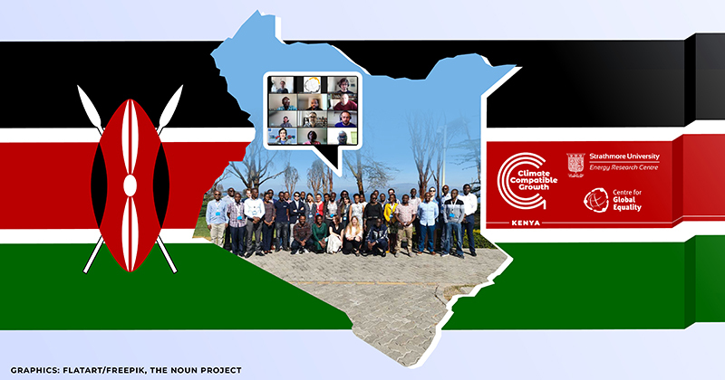 Background image of the Kenyan flag, with an image of a group of people in the middle. Logos of CCG, Centre for Global Equality, and Strathmore University. 