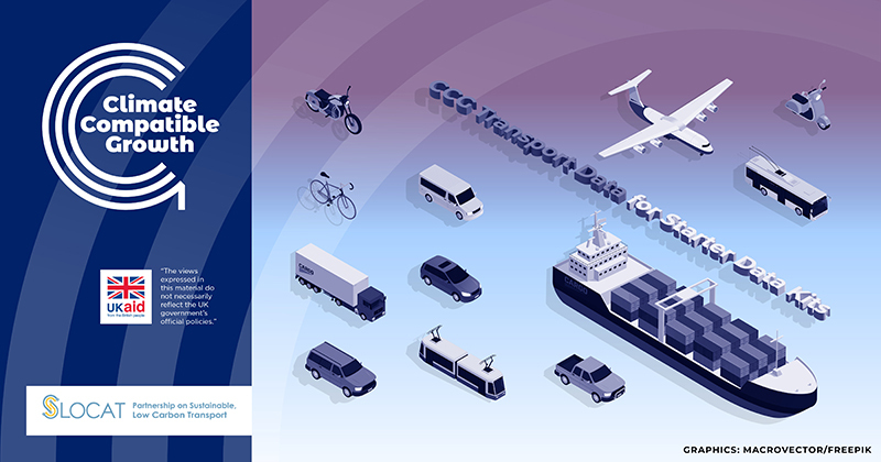 Image showing icons of a car, tra, plane, lorry and other transport icons. CCG, UKAid, and SLOCAT logos. 