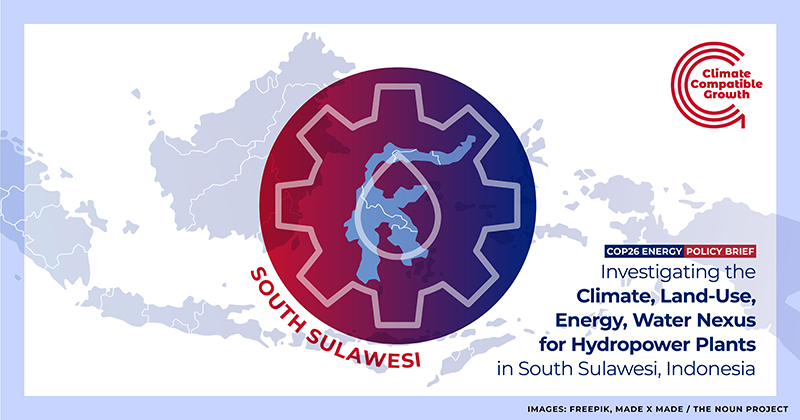 Image titled "Investigating the Climate, Land-use, energy, water nexus for hydropower plants in South Sulawesi, Indonesia. Background image of Indoesia, with a cog wheel and water drop icon overlayed. CCG logo in the top right of the image. 
