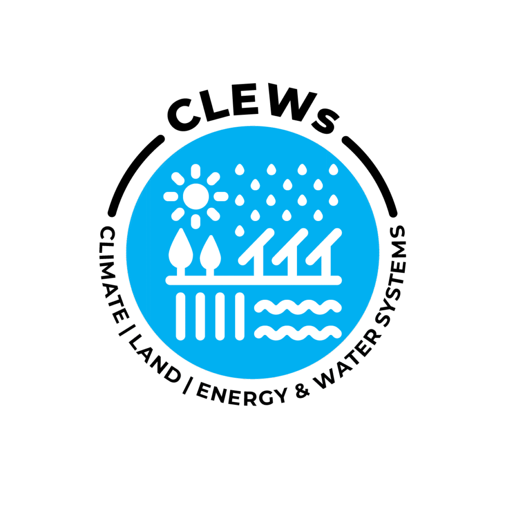 Logo for CLEWs: a blue circle with the different aspects of CLEWs (climate, land, energy and water) depicted with icons
