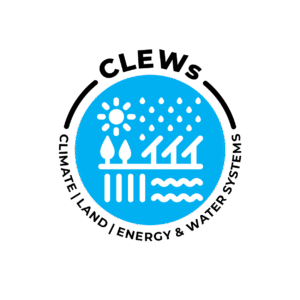 Logo for CLEWs: a blue circle with the different aspects of CLEWs (climate, land, energy and water) depicted with icons