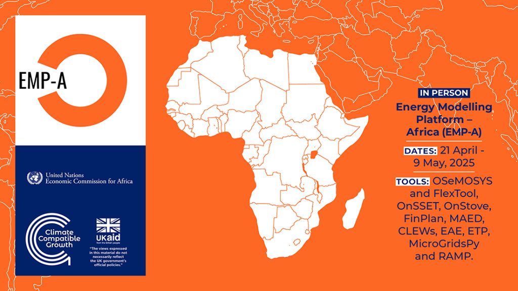 A decorative card featuring the country of Africa and all the details of the Energy Modelling Platform that are available on this page.