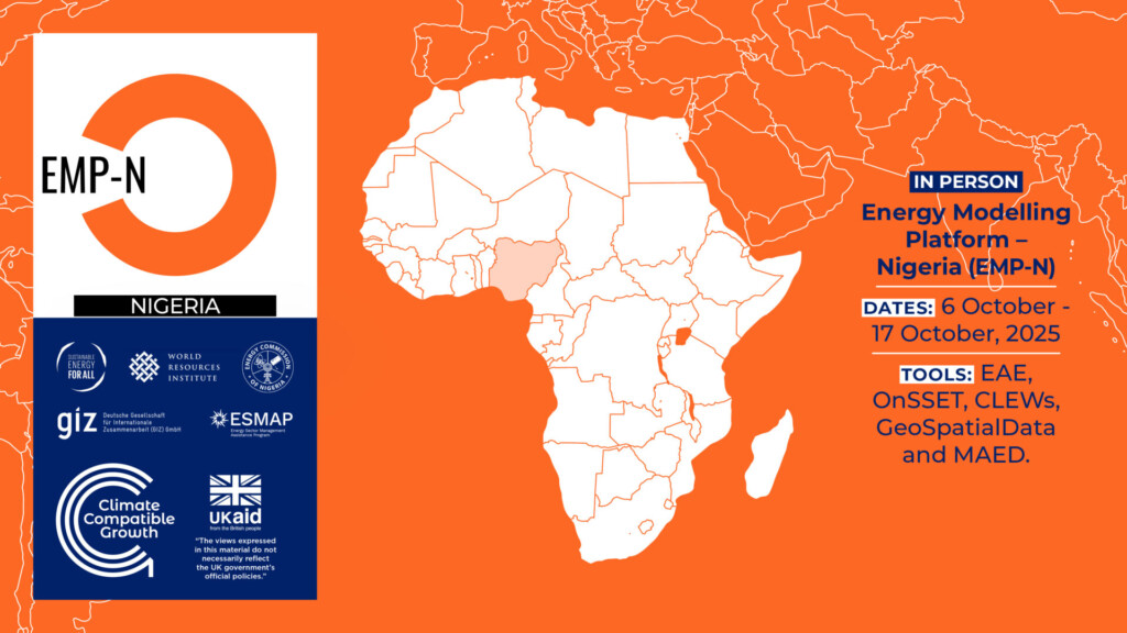 A card for the EMP-NIgeria event, featuring the dates, available tools, and the partner logos. The card features a map of Africa set against an orange background with Nigeria shaded in.