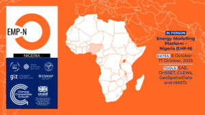 A card for the EMP-NIgeria event, featuring the dates, available tools, and the partner logos. The card features a map of Africa set against an orange background with Nigeria shaded in.