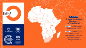 A placecard for the EMP-A 2025 event which includes a map of Africa, partner logos, and the details of the event (all available on the website).