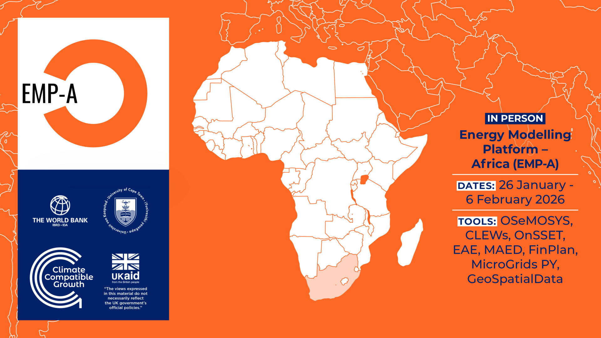 A placecard for the EMP-A 2025 event which includes a map of Africa, partner logos, and the details of the event (all available on the website).