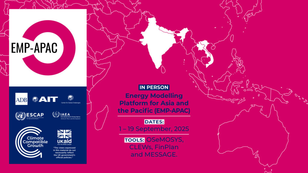 An event card for EMP-APAC. It is in purple with a map of the Asia-Pacific area highlighted in white. It includes the basic details of the events (dates 1 to 19 Sept) and logos of major partners (ADB, AIT, Centre for Global Challenges, IAEA, UN ESCAP, CCG, UK aid)