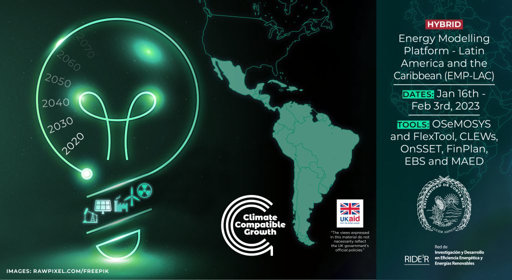 An image card for the EMP-LAC event. On the right. it includes the basic information, such as the dates (16th Jan to 3rd Feb) and the tools. On the left, there is an outline of the map of Latin America and the Caribbean as well as an image of a lightbulb with renewable energy icons.