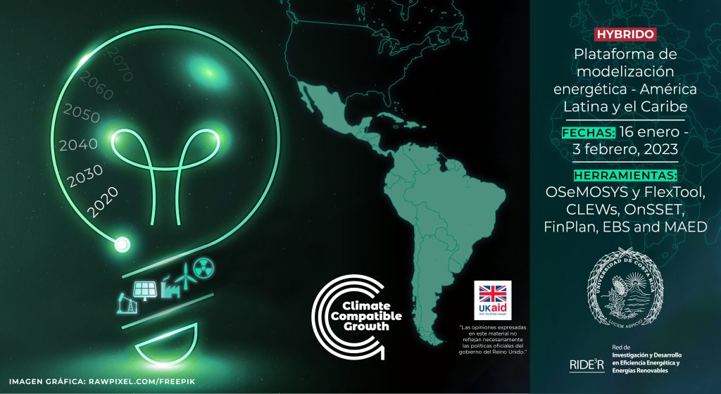 Una tarjeta de imagen del evento EMP-LAC. A la derecha. incluye la información básica, como las fechas (del 16 de enero al 3 de febrero) y las herramientas. A la izquierda, hay un esquema del mapa de América Latina y el Caribe, así como una imagen de una bombilla con iconos de energías renovables.