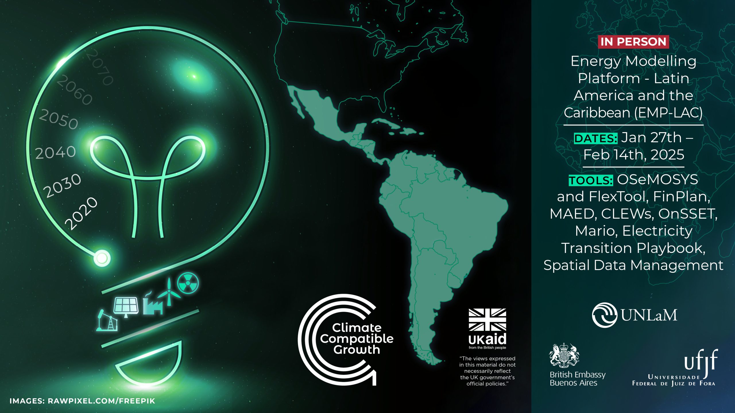 An image card for the EMP-LAC 2025 event. On the right. it includes the basic information, such as the dates (27th Jan to 14th Feb), the tools, and partner logos. On the left, there is an outline of the map of Latin America and the Caribbean as well as an image of a lightbulb with renewable energy icons.