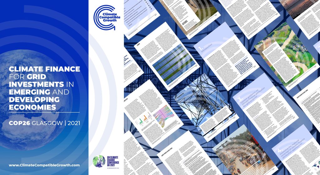 Title of, "Climate finance for grid investments in emerging and developing econmies.  COP26 Glasgow, 2021". Also shows the CCG logo, COP26 logo, and a preview of some of the pages from the report. 