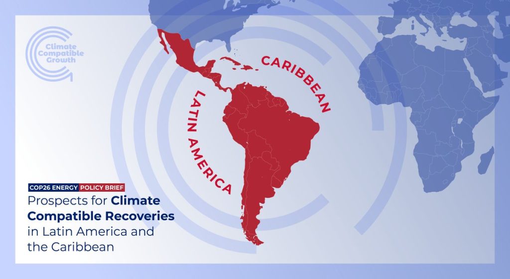 An stylized map highlighting the Caribbean and Latin America. Also includes the title of the brief: Prospects for Climate Compatible Recoveries in Latin America
and the Caribbean.