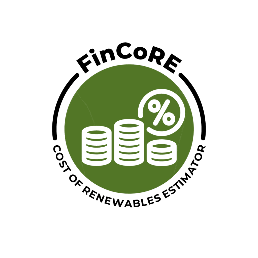 The logo for FinCoRE (Cost of Renewables Estimator): an olive green circle with white icons depicting coins and percentages.