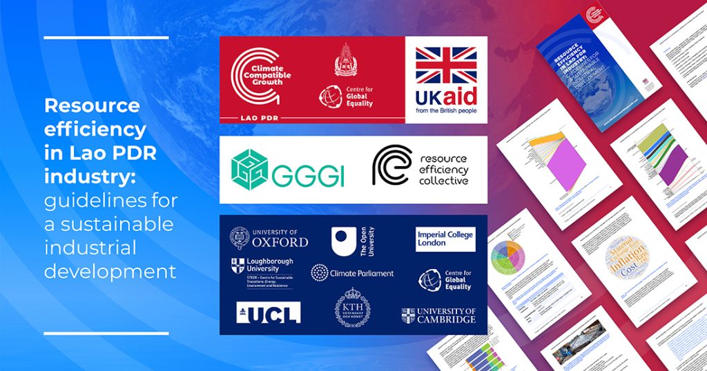 A card which displays the report title, the logos of the Resource Efficiency Collective, the Global Green Growth Institute and the Lao PDR CCG Network, (including the National University of Lao PDR, CCG, the Centre for Global Equality and UK Aid). On the right of the image are some pages of the report.