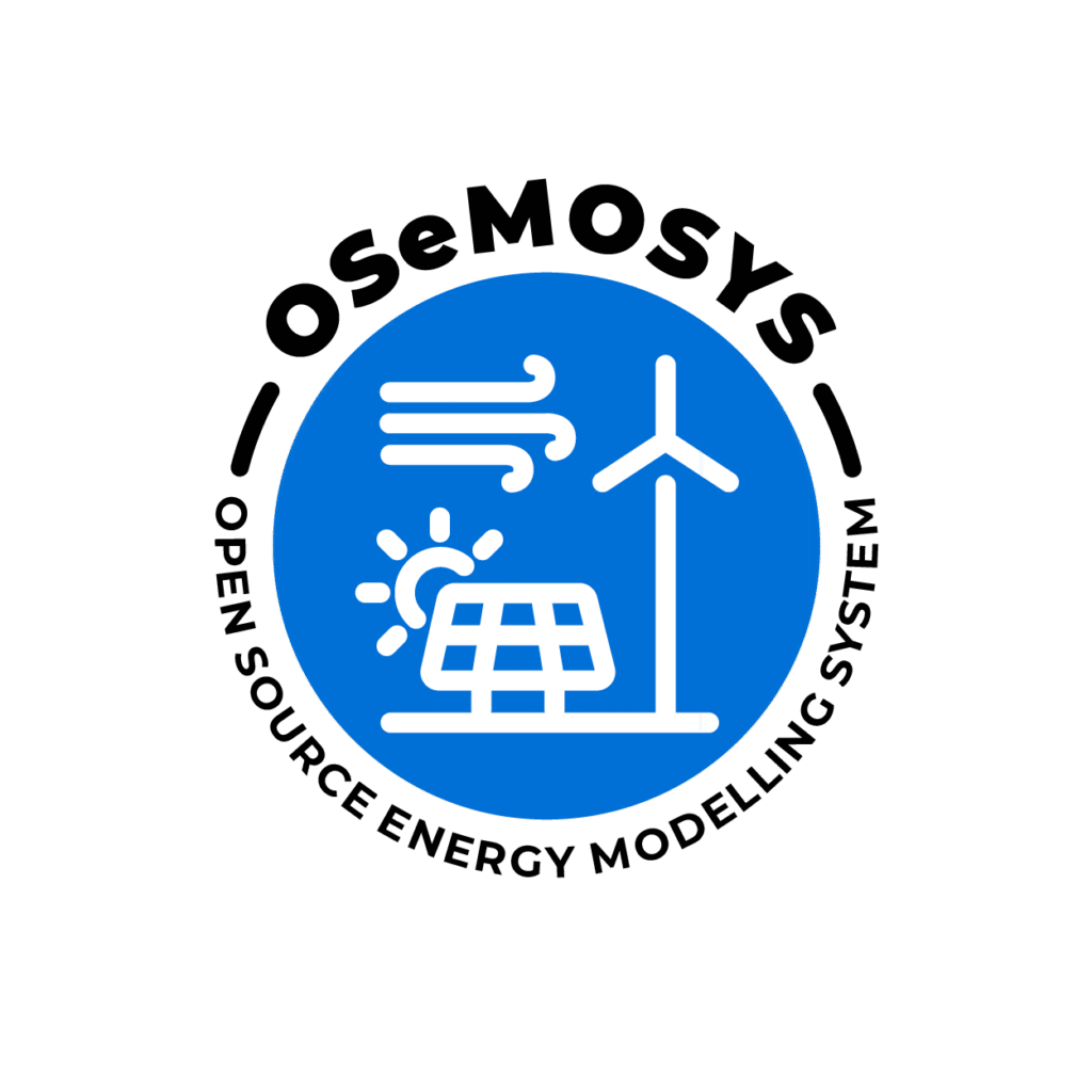 The logo for OSeMOSYS, the Open Souce Energy Modelling System. A royal blue circle with white icons depicting sustainable energy technologies.