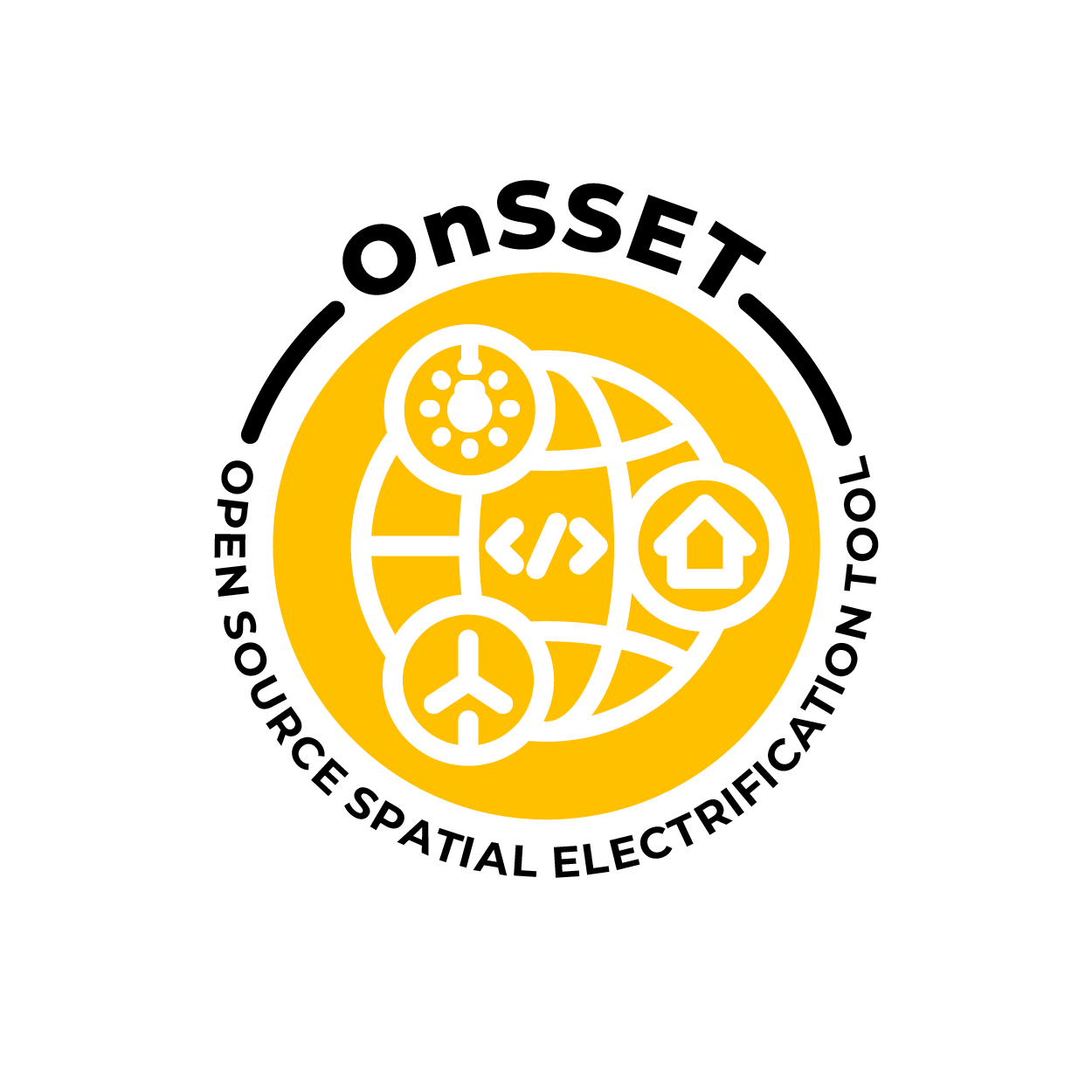 The logo for OnSSET (Open Source Spatial Electrification Tool): A yellow circle with white icons connections between renewable energies