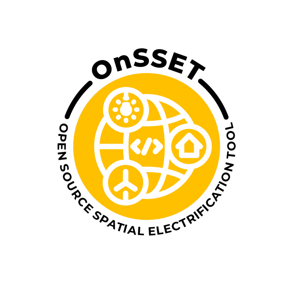 The logo for OnSSET (Open Source Spatial Electrification Tool): A yellow circle with white icons depicting connections between money (investment), and sustainable energy technologies
