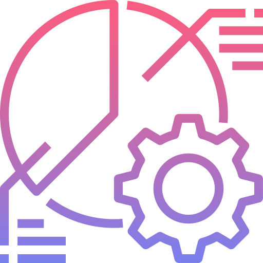 An red/purple gradient icon to symbolise the tool at the start of the process. It is symbolised through a gear overlaying a piechart