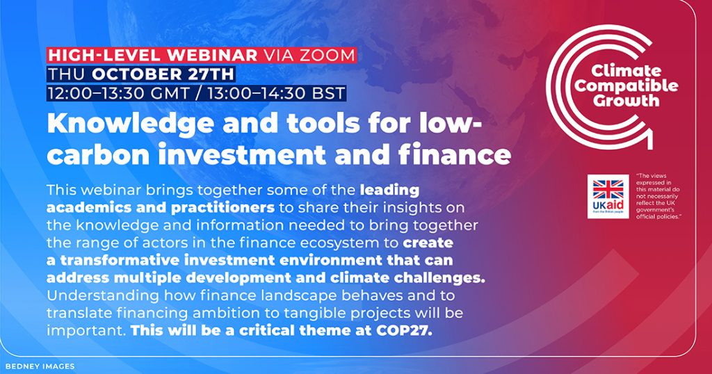 A card for the October 13th CCG Webinar: Knowledge and tools for low-carbon investment and finance. The card has the times and dates for the event and also the blurb from the post.