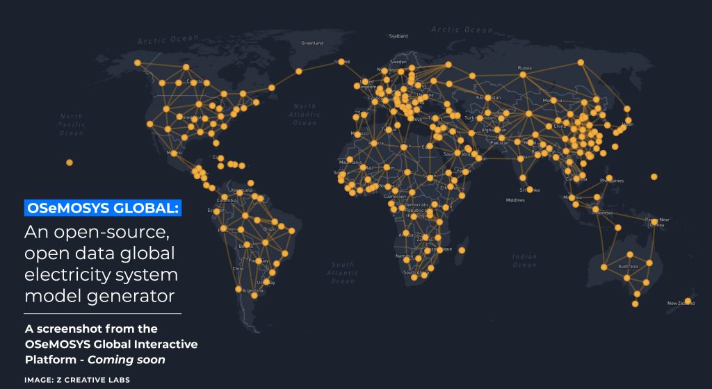 This image features a map of the world with interconnected orange points. Image titled "OSeMOSYS GLOBAL: An open-source, open data global electricity system model generator".