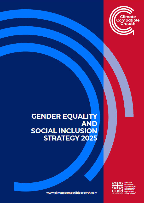 The cover of the Gender Equality and Social Inclusion Strategy (blue and red background)