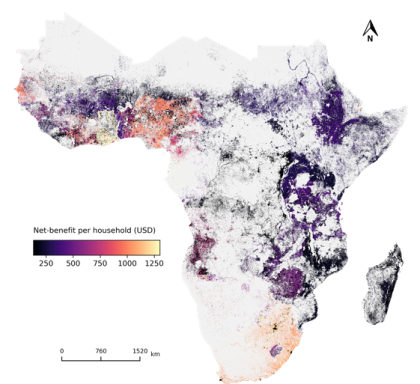 A map of Africa overlaid with some OnStove model results, showing the benefits per household in US dollars