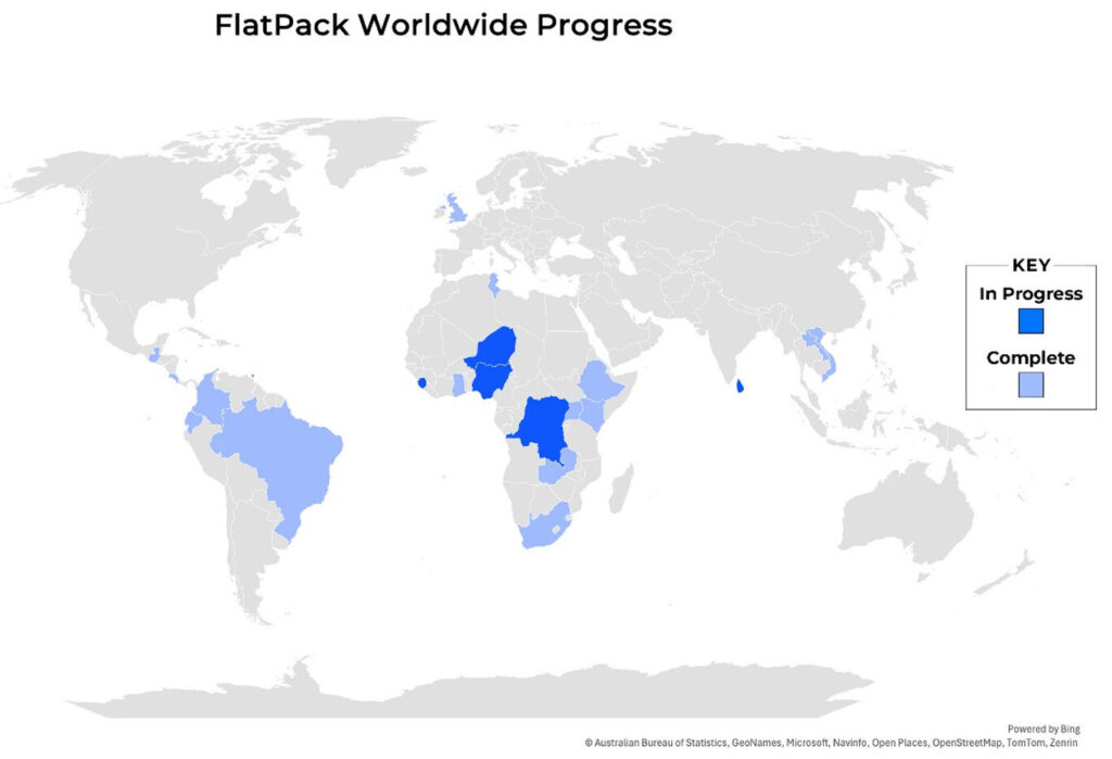 A global map showing the areas that FlatPack has been initiated. It includes the UK and countries in Africa, South America, and Southeast Asia
