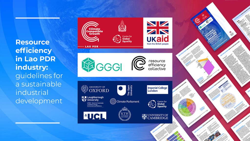 A card which displays the report title, the logos of the Resource Efficiency Collective, the Global Green Growth Institute and the Lao PDR CCG Network, (including the National University of Lao PDR, CCG, the Centre for Global Equality and UK Aid). On the right of the image are some pages of the report.

