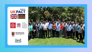 A photo of participants of workshop in Nakuru, Kenya. On the left of the photos are logos of organisations involved, including UKPact, CCG, UK aid, Strathmore University and the International Institute for Environment and Development