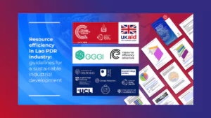 A card which displays the report title, the logos of the Resource Efficiency Collective, the Global Green Growth Institute and the Lao PDR CCG Network, (including the National University of Lao PDR, CCG, the Centre for Global Equality and UK Aid). On the right of the image are some pages of the report.